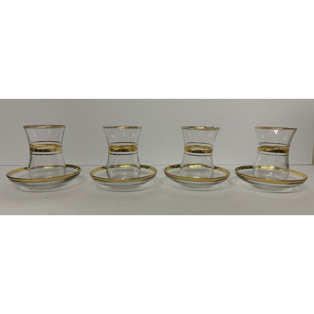 Pasabahce Turkish Tea Glasses & Saucers Gold Rings/Bands & Rims